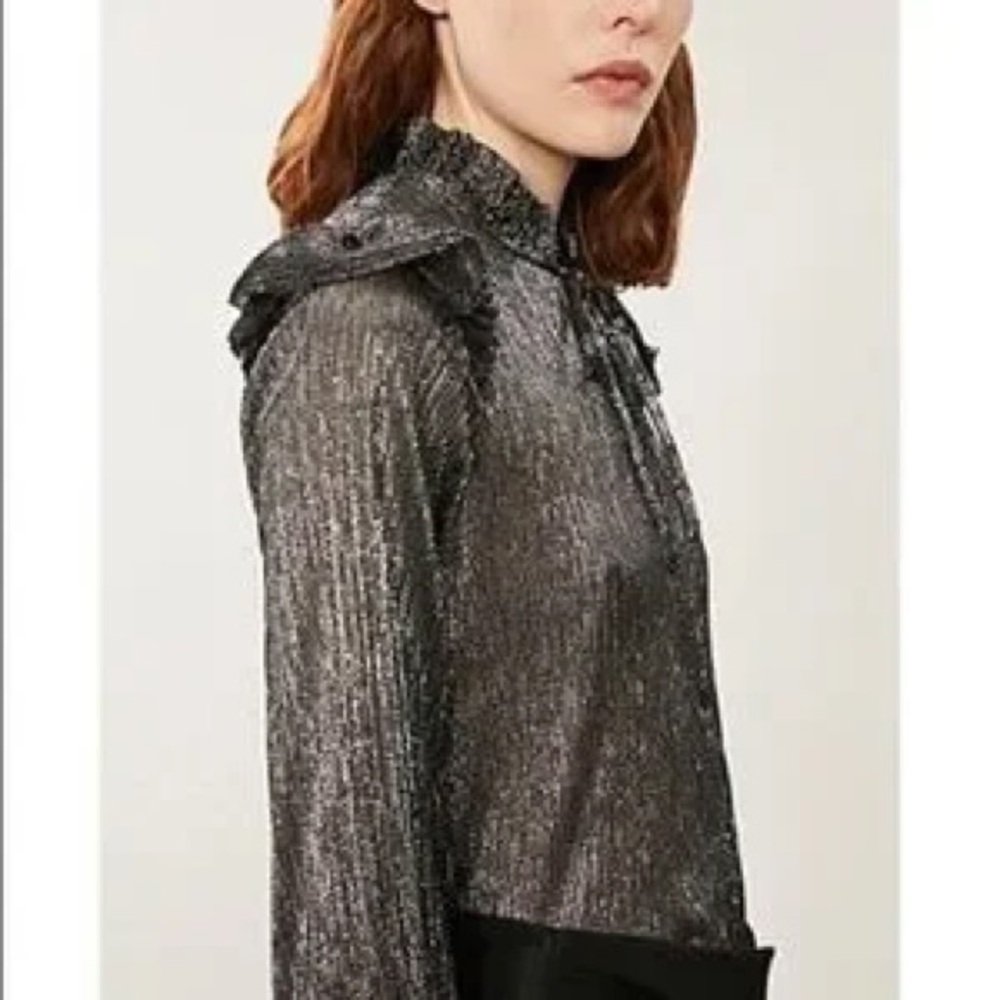 Maje Shimmering Black Ruffled Button Down Shirt